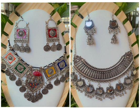 oxidized silver and multicolour necklace and earring - 2 piece combo set