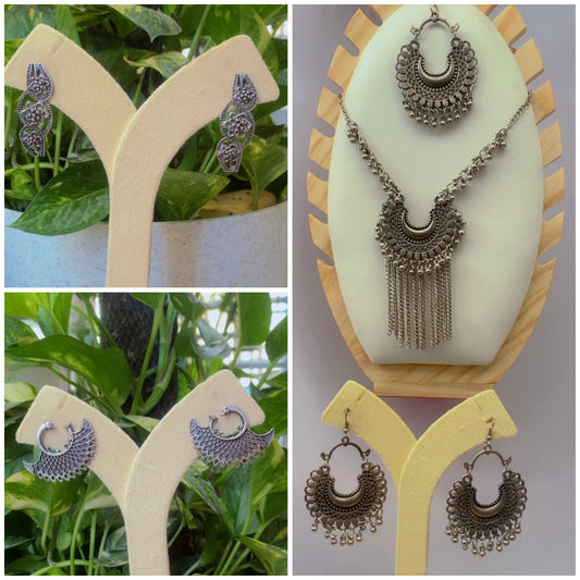 oxidized necklace ,earring and mang tikkast - combo