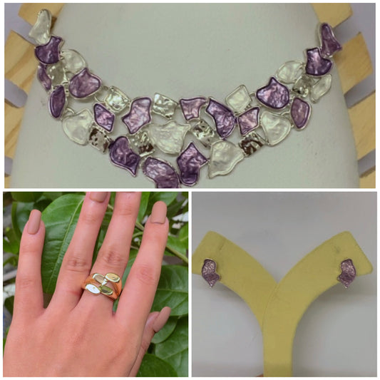 statement purple necklace and earring with a gold color ring