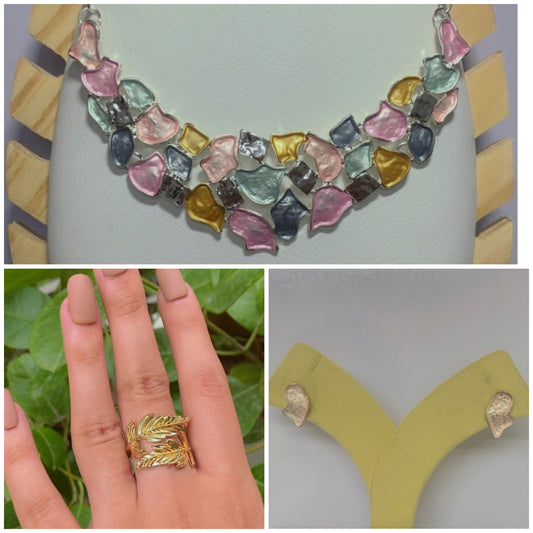 multicolor necklace and earring with a gold color ring - combo