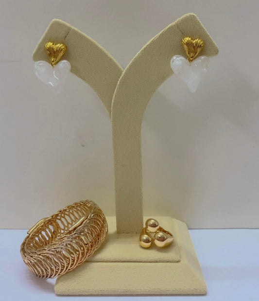 Heart Earring With Gold Bracelet and Ring Set Trio